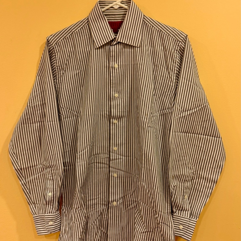 Men's Long-Sleeve Brown & White Striped Dress Shirt